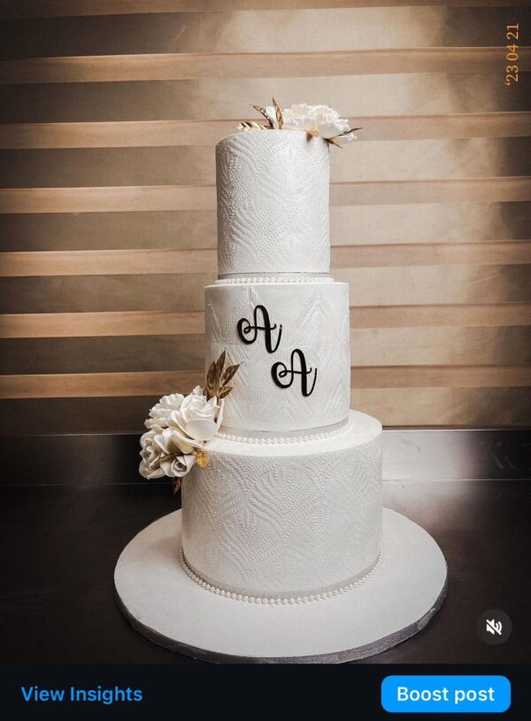 Gold Initial Floral Wedding Cake